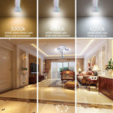 Comparison of light colors in a living room setting with text labels for 3000K, 4000K, and 6000K.